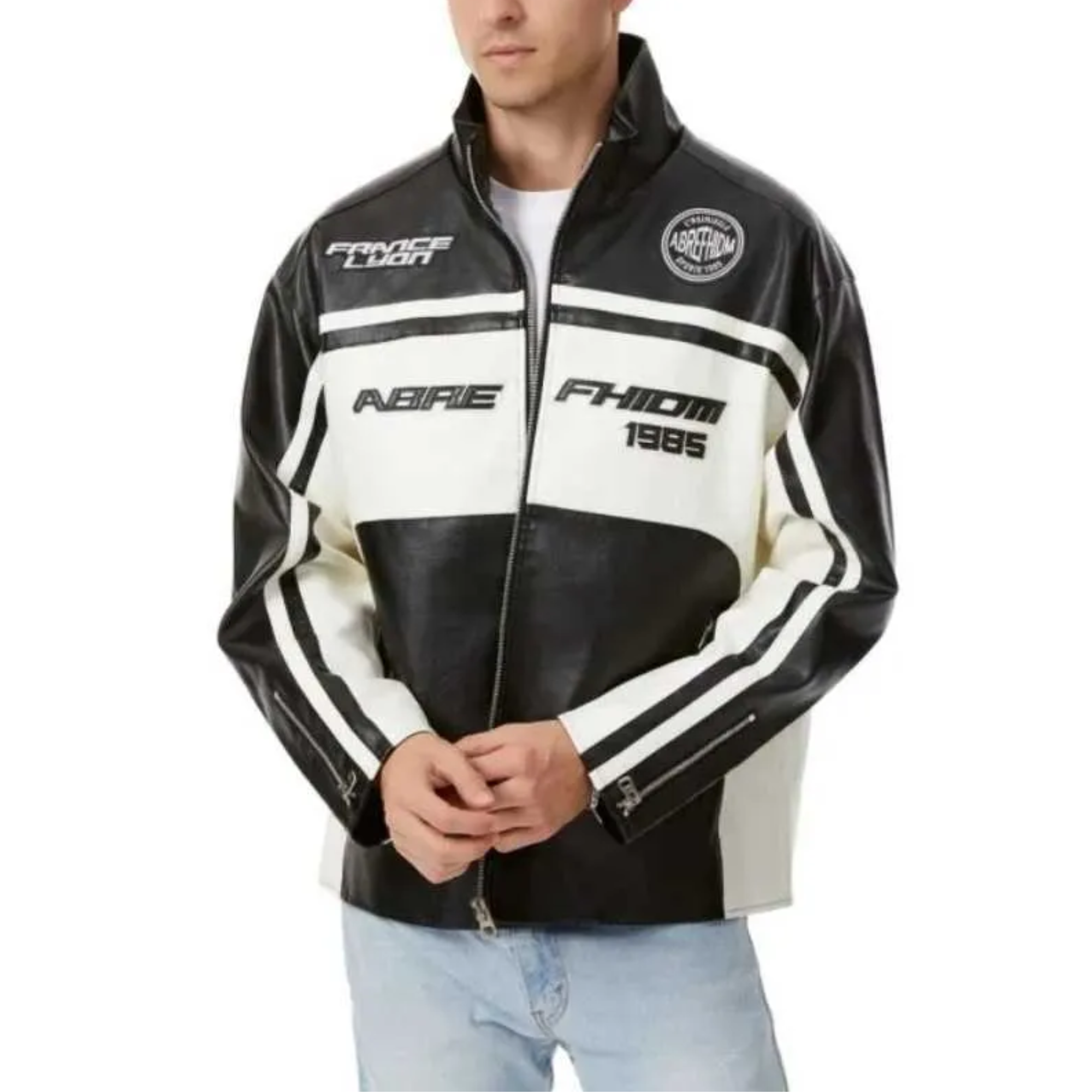 Black and White Leather Racing Jacket